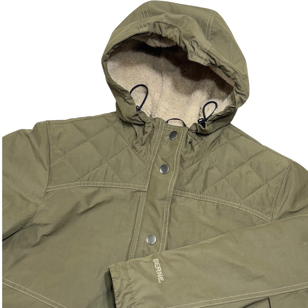 Berne Hooded Work Jacket Womens Large Olive Green Sherpa Lined Utility WHJ45BOL